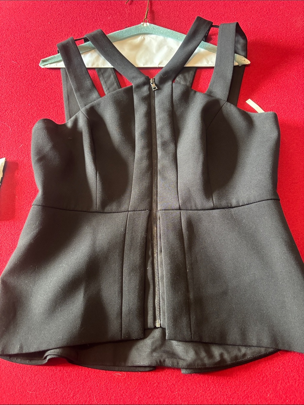 BCBGMaxAzria Black Structured Peplum Zip-Front Top